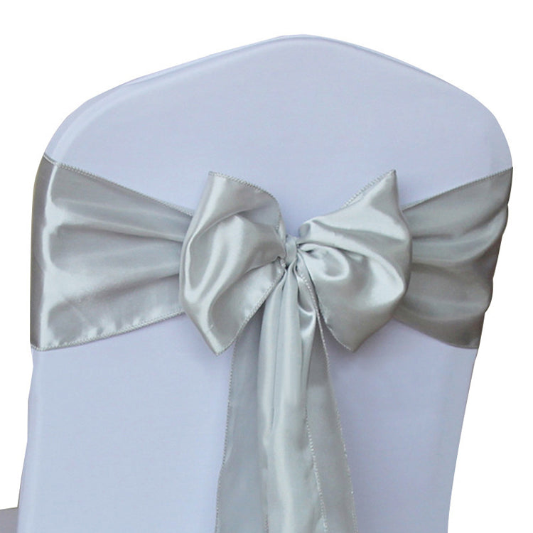 5 Pc Satin Chair Cover Sashes Bows  6.8" x 110" Silver