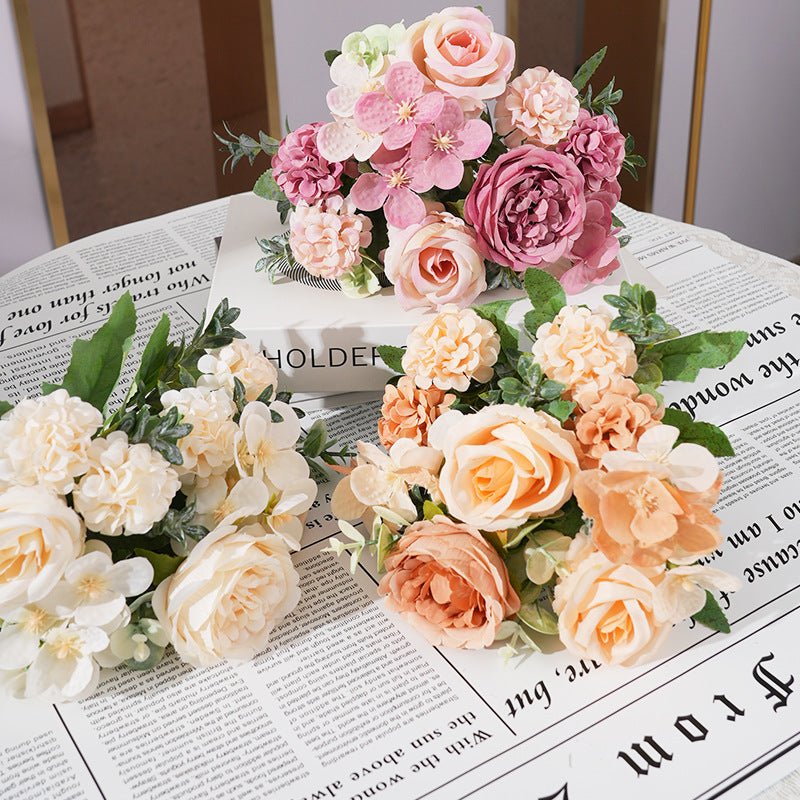 2 Pcs Silk Rose Bouquets Mixed Peony & Hydrangea 12