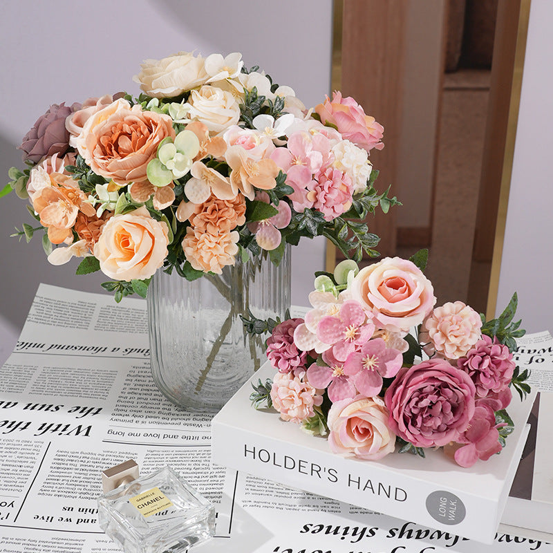 2 Pcs Silk Rose Bouquets Mixed Peony & Hydrangea 12