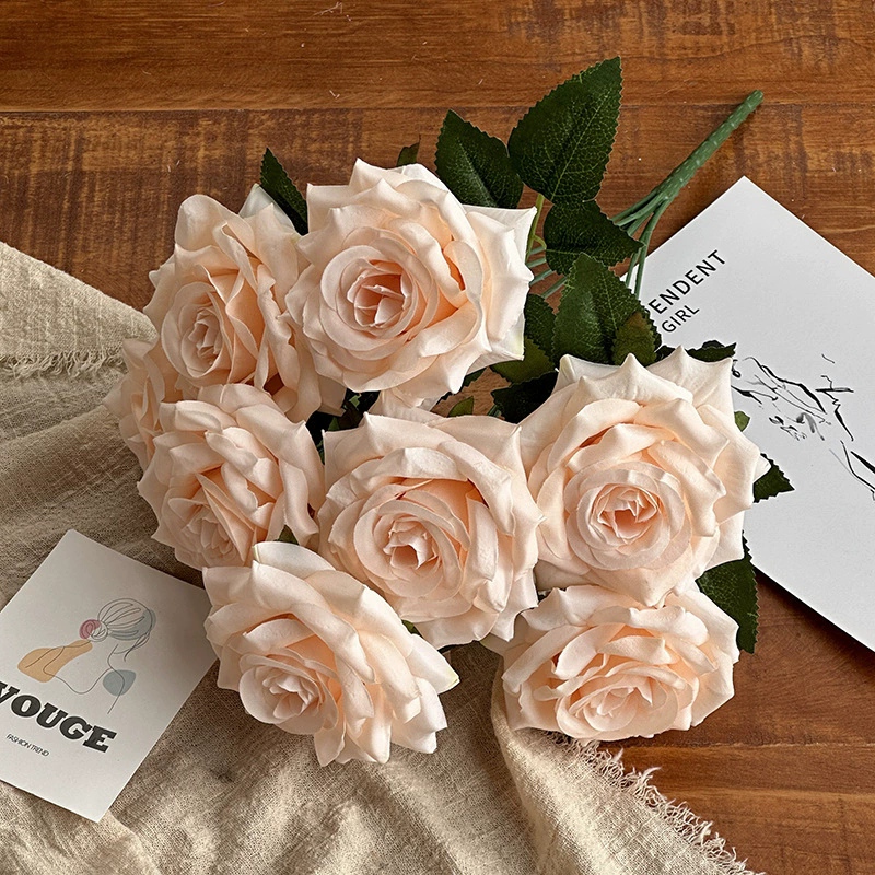 2 Bushes Artificial Silk Rose Flower Arrangements Champagne 16