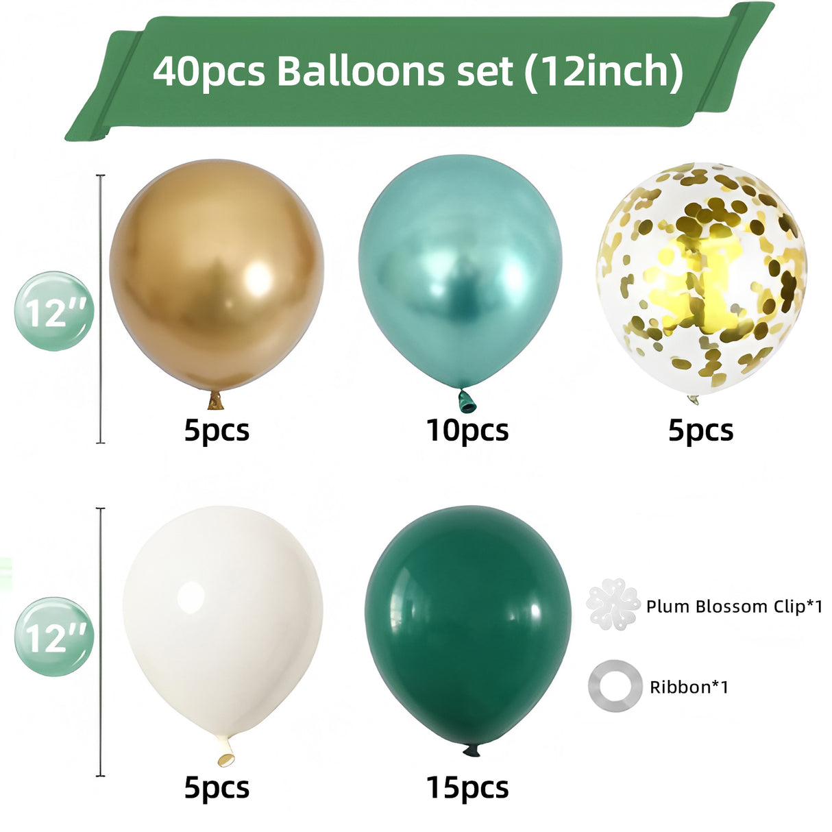 Set of 40 Dark Green Party Balloon Kit 12"