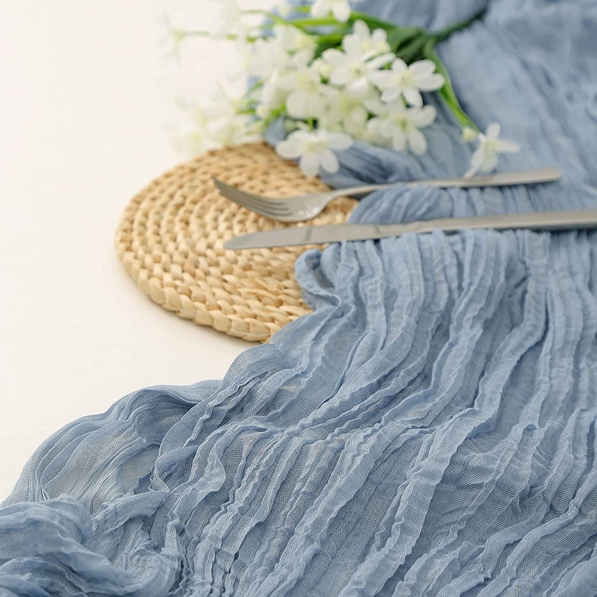 Gauze Cotton And Linen Table Runner 10ft Dust Blue