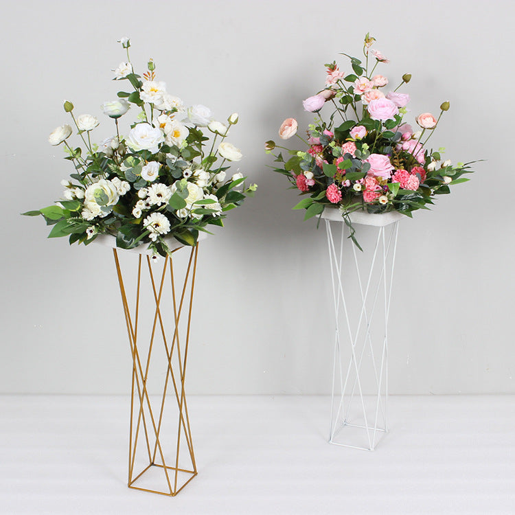 2Pc Metal Pedestal Stands 26" Gold Geometric Crisscross Design