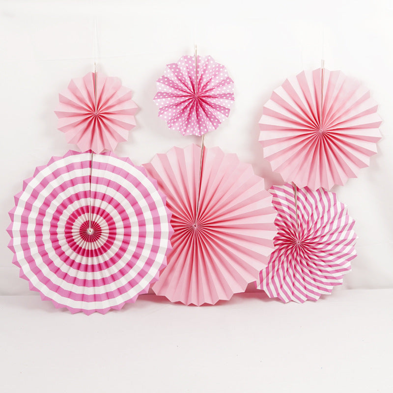 Set of 6 Pink Hanging Paper Fan Decorations 8", 12", 16"