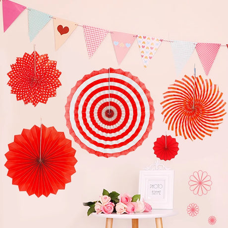 Set of 6 Red Hanging Paper Fan Decorations 8", 12", 16"