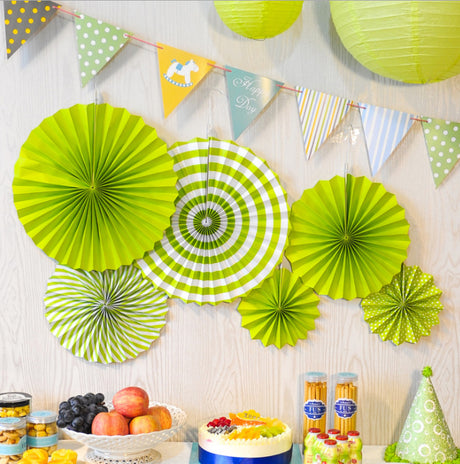 Set of 6 Green Hanging Paper Fan Decorations 8", 12", 16"