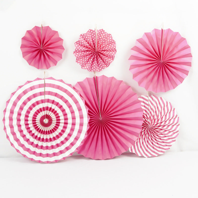 Set of 6 Rose Red Hanging Paper Fan Decorations 8", 12", 16"