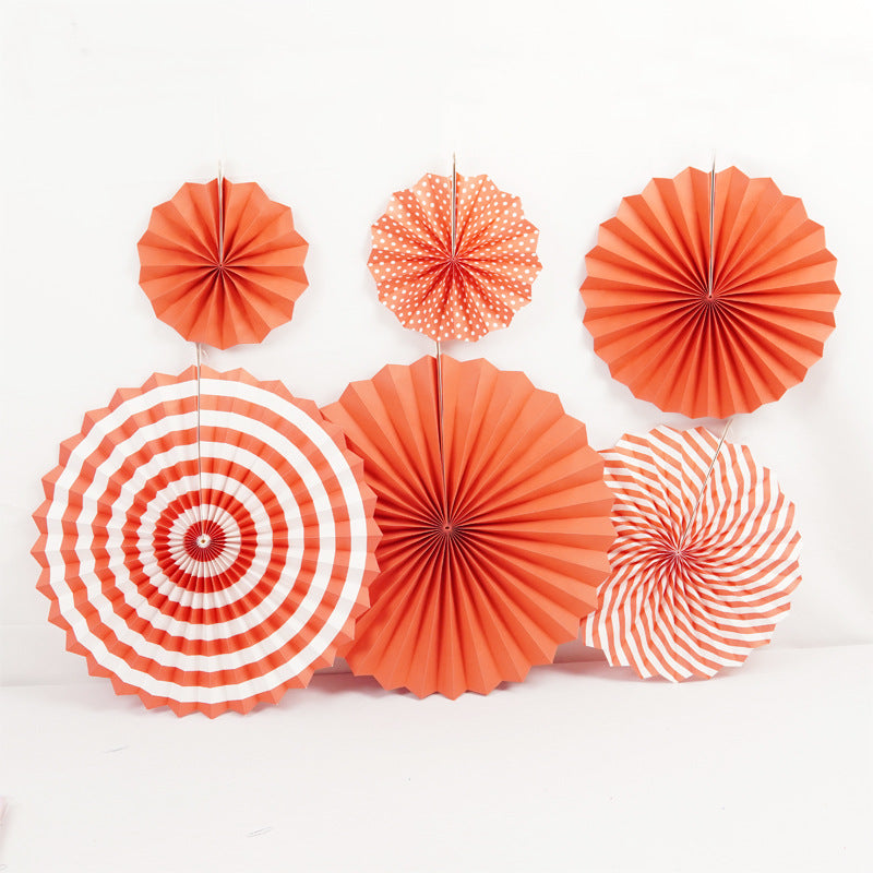 Set of 6 Orange Hanging Paper Fan Decorations 8", 12", 16"