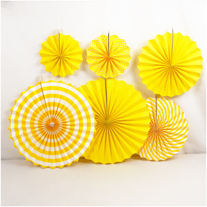 Set of 6 Yellow Hanging Paper Fan Decorations 8", 12", 16"