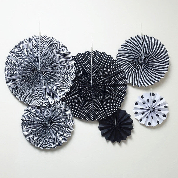 Set of 6 Black Hanging Paper Fan Decorations 8", 12", 16"