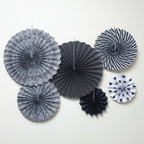 Set of 6 Black Hanging Paper Fan Decorations 8", 12", 16"