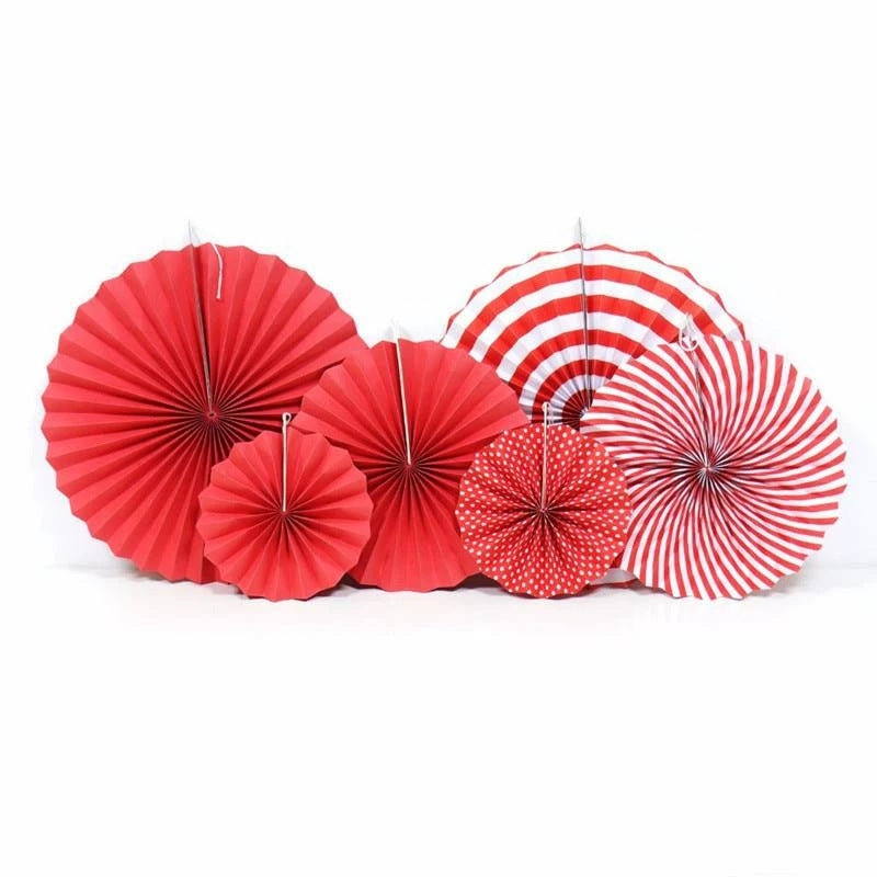 Set of 6 Red Hanging Paper Fan Decorations 8", 12", 16"