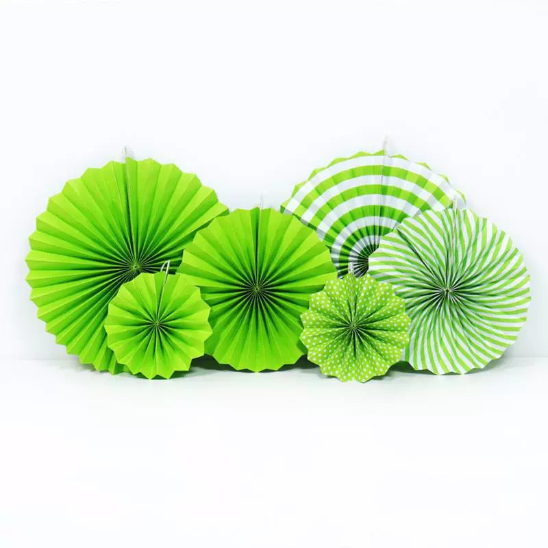 Set of 6 Green Hanging Paper Fan Decorations 8", 12", 16"