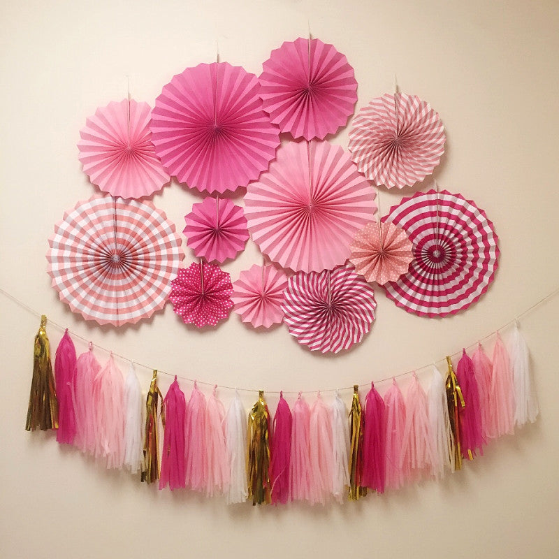Set of 6 Rose Red Hanging Paper Fan Decorations 8", 12", 16"