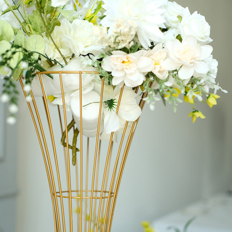 Gold Metal Flower Centerpiece Stand 24" Hourglass Trumpet Shape Open Frame Design
