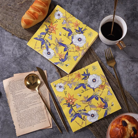 20 Pcs Paper Beverage Napkins 2 Ply Bright Yellow with Blooming Flowers Design 6.5"x6.5"