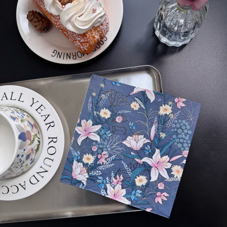 20 Pcs Paper Beverage Napkins 2 Ply Navy Blue with Water Lily Floral Design 6.5"x6.5"