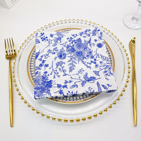 20 Pcs Paper Beverage Napkins 2 Ply White/Blue with French Toile Print 6.5"x6.5"