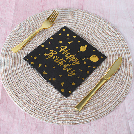 20 Pcs Paper Beverage Napkins 2 Ply Black/Gold with Happy Birthday Foil Print 6.5"x6.5"