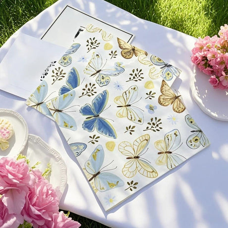 20 Pcs Paper Beverage Napkins 2 Ply Ivory with Field Herbs and Butterfly Print 6.5"x6.5"