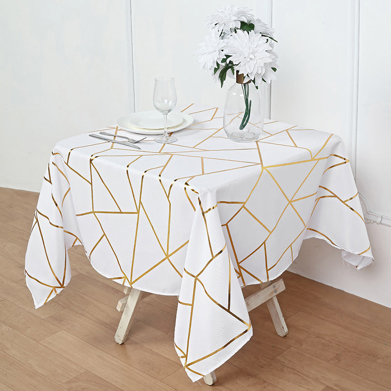 Polyester Rectangle Tablecloth With Gold Foil Geometric Pattern 54"x54" White