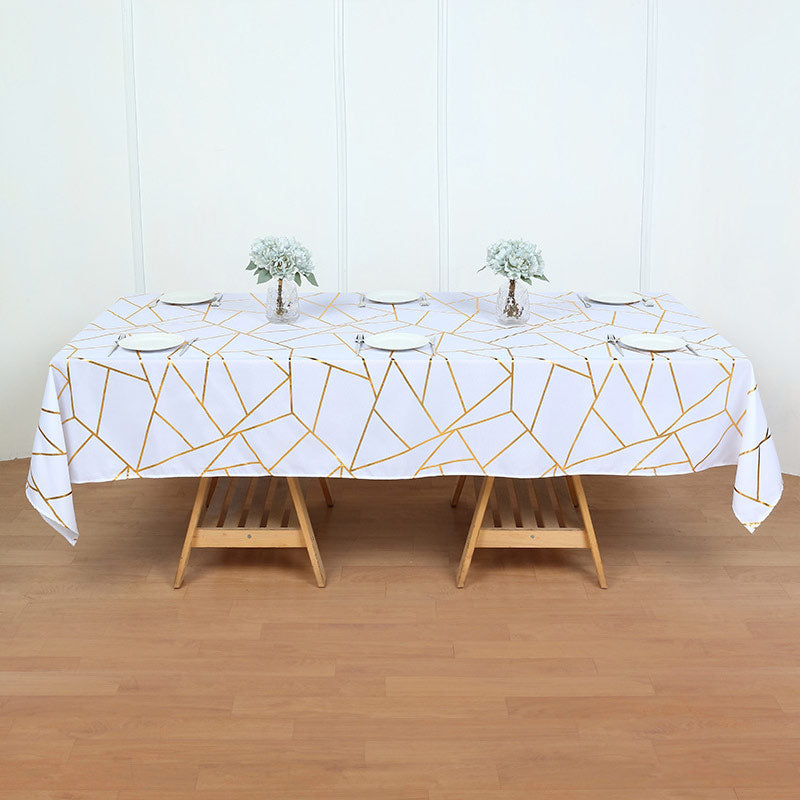 Polyester Rectangle Tablecloth With Gold Foil Geometric Pattern 60"x102" White