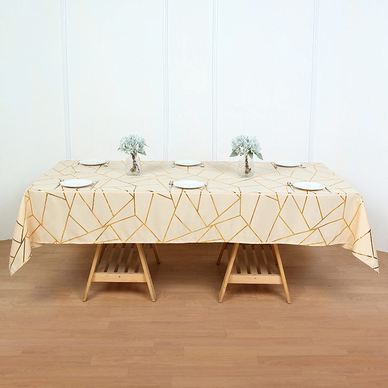 Polyester Rectangle Tablecloth With Gold Foil Geometric Pattern 90"x156" Champagne