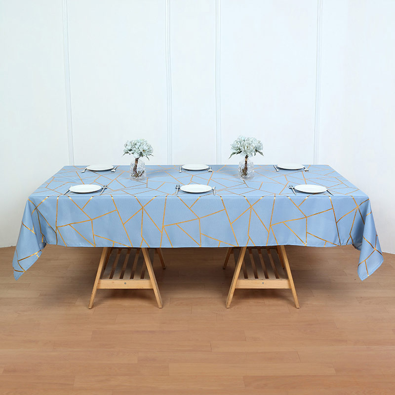 Polyester Rectangle Tablecloth With Gold Foil Geometric Pattern 90"x156" Gray Blue