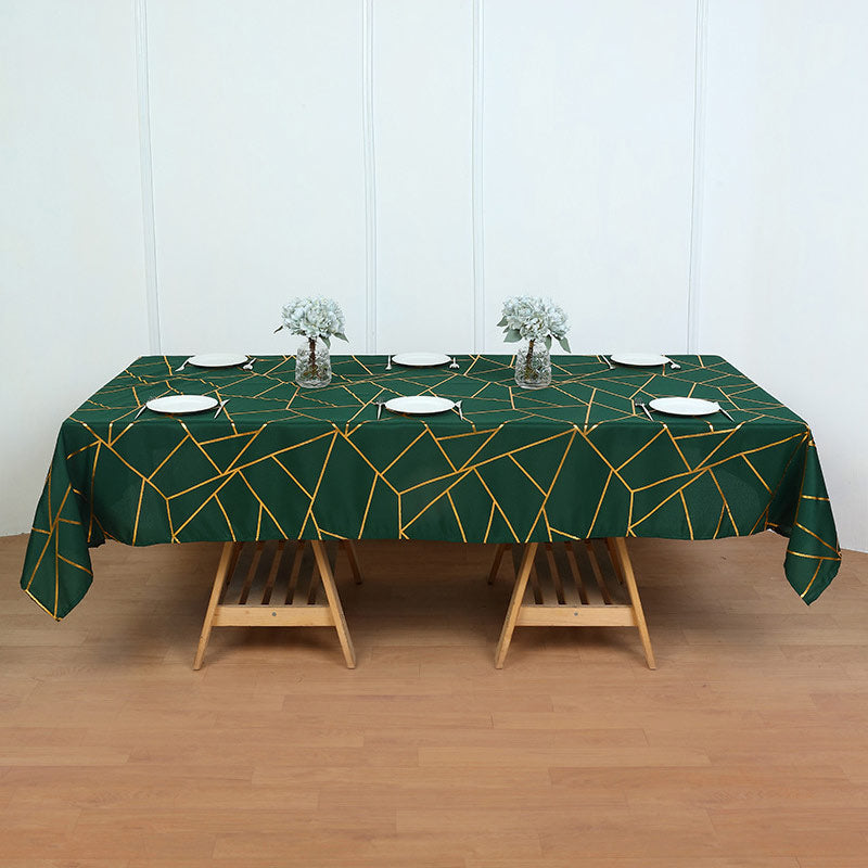 Polyester Rectangle Tablecloth With Gold Foil Geometric Pattern 90"x156" Dark Green