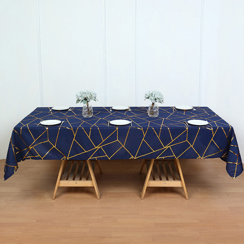 Polyester Rectangle Tablecloth With Gold Foil Geometric Pattern 90"x132" Navy Blue