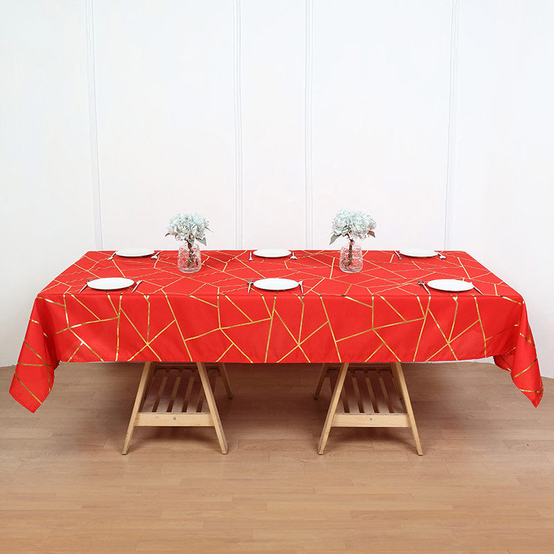 Polyester Rectangle Tablecloth With Gold Foil Geometric Pattern 90"x132" Red