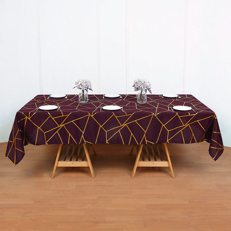 Polyester Rectangle Tablecloth With Gold Foil Geometric Pattern 90"x156" Wine Red