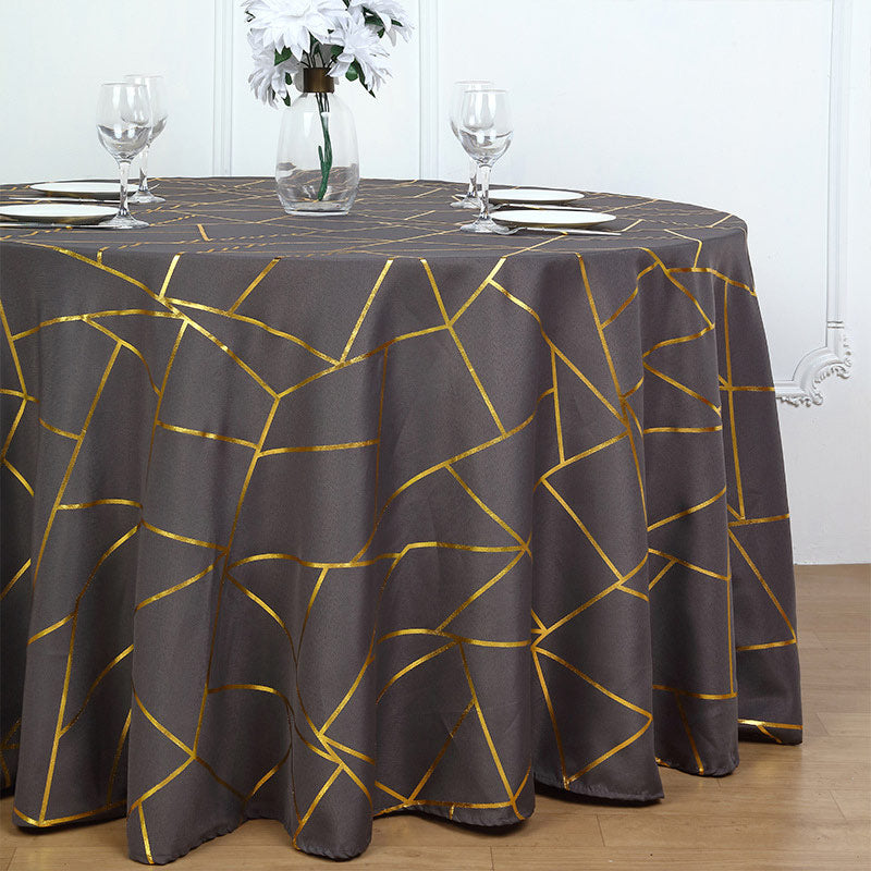 Polyester Rectangle Tablecloth With Gold Foil Geometric Pattern 120" Dark Gray