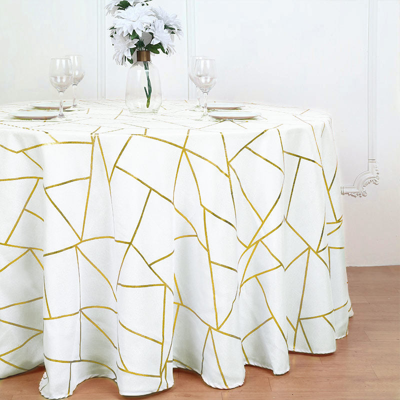 Polyester Rectangle Tablecloth With Gold Foil Geometric Pattern 120" White