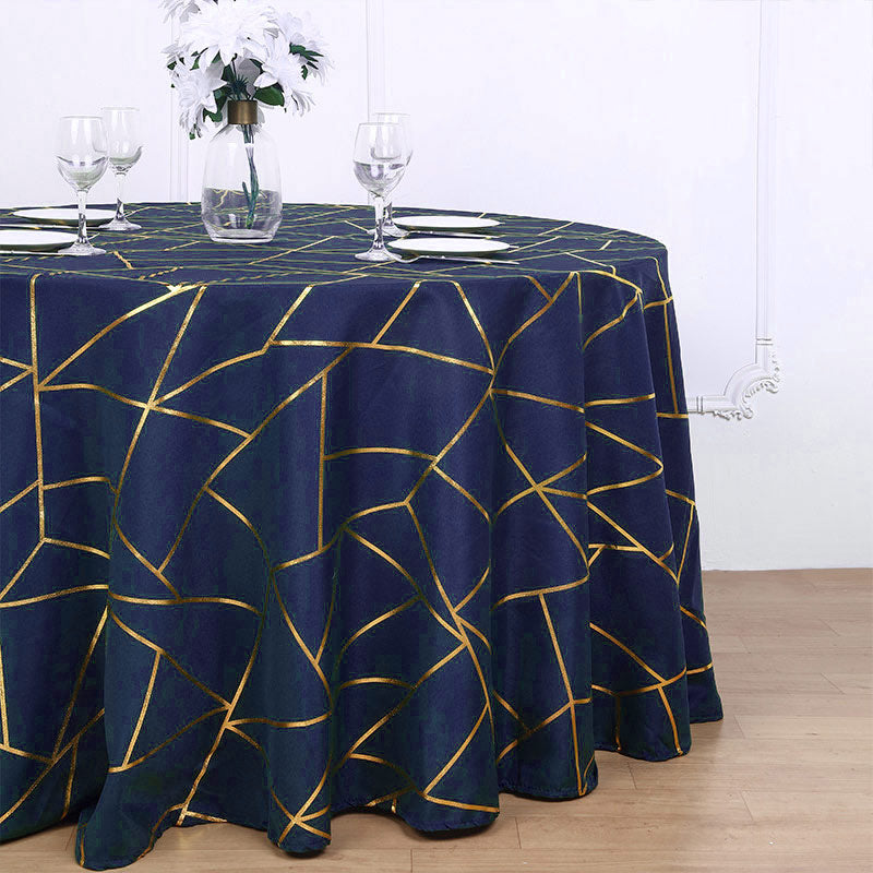 Polyester Rectangle Tablecloth With Gold Foil Geometric Pattern 120" Navy Blue