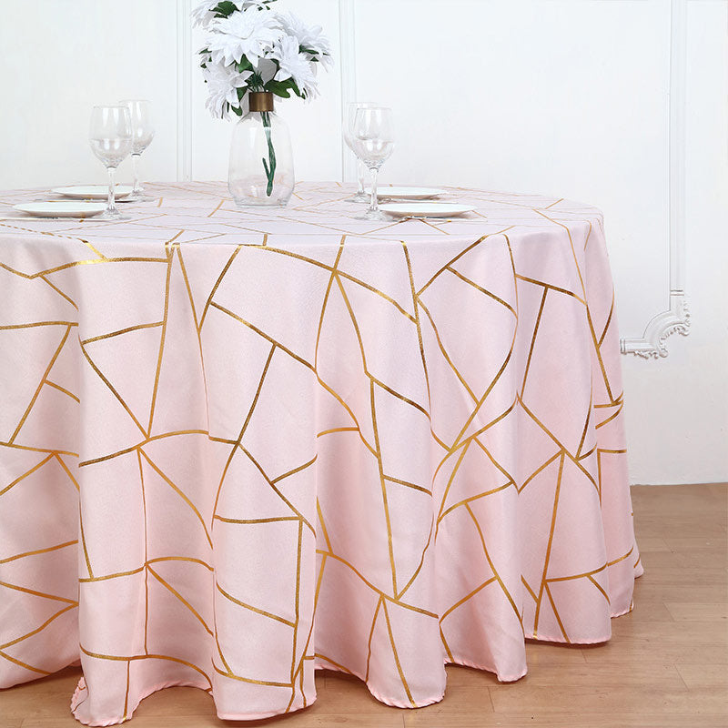 Polyester Rectangle Tablecloth With Gold Foil Geometric Pattern 120" Light Pink