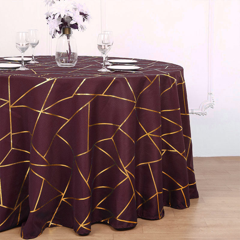 Polyester Rectangle Tablecloth With Gold Foil Geometric Pattern 120" Wine Red
