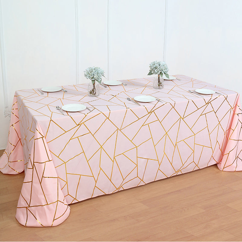 Polyester Rectangle Tablecloth With Gold Foil Geometric Pattern 90"x156" Champagne