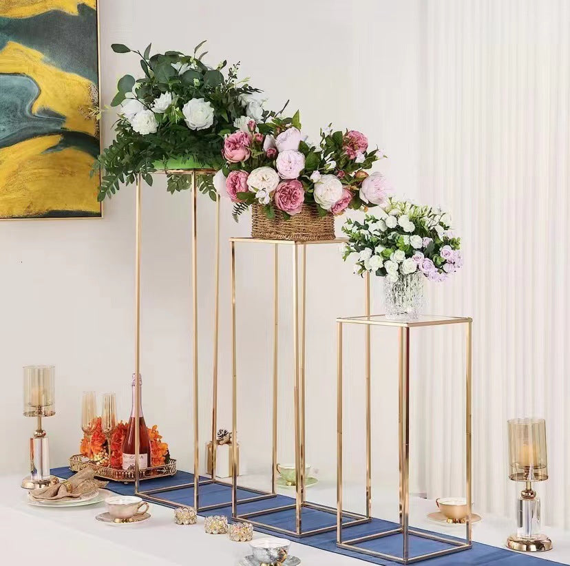 2Pc Rectangular Gold Metal Wedding Flower Stand Geometric Column Frame