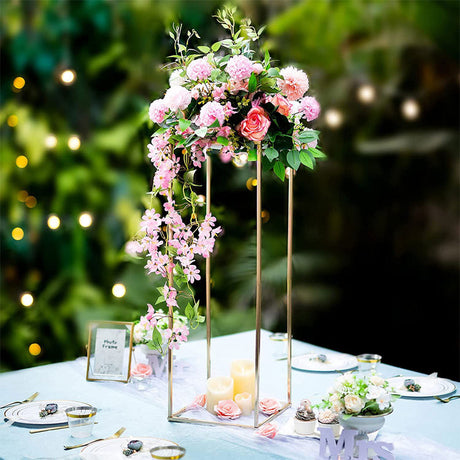 2Pc Rectangular Gold Metal Wedding Flower Stand Geometric Column Frame