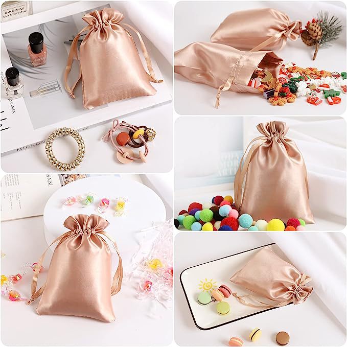 12 Pc Satin Drawstring Wedding Party Favor Bags Champagne Gold