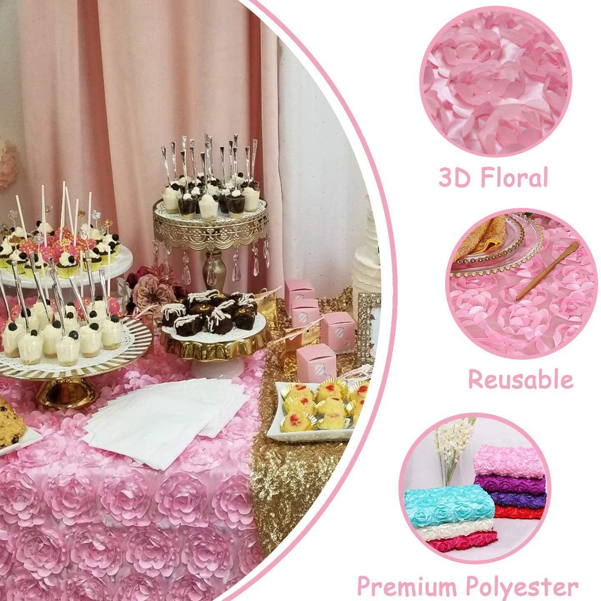 Satin Rectangle Tablecloth Grandiose 3D Rosette Table Cover 132"x90"