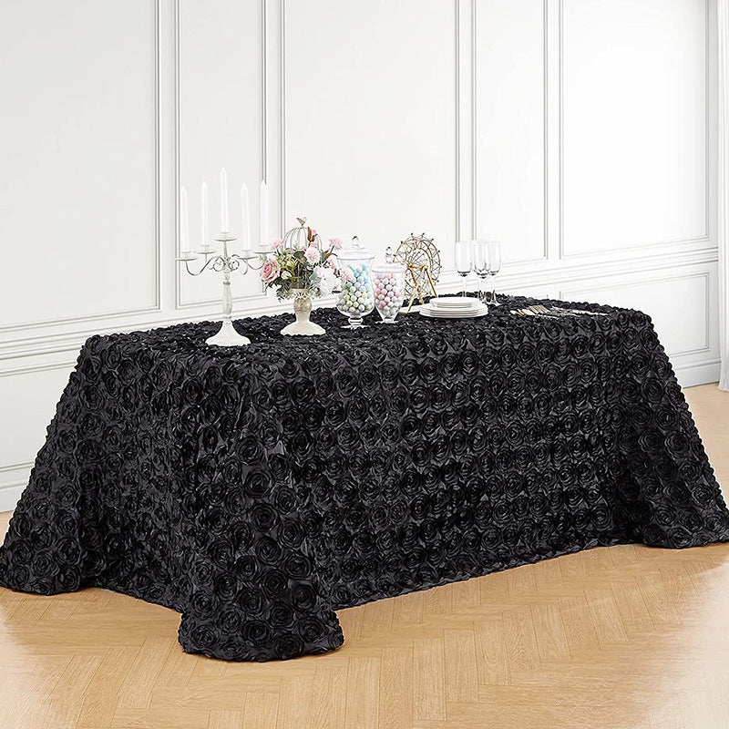 Satin Rectangle Tablecloth Grandiose 3D Rosette Table Cover 132"x90"