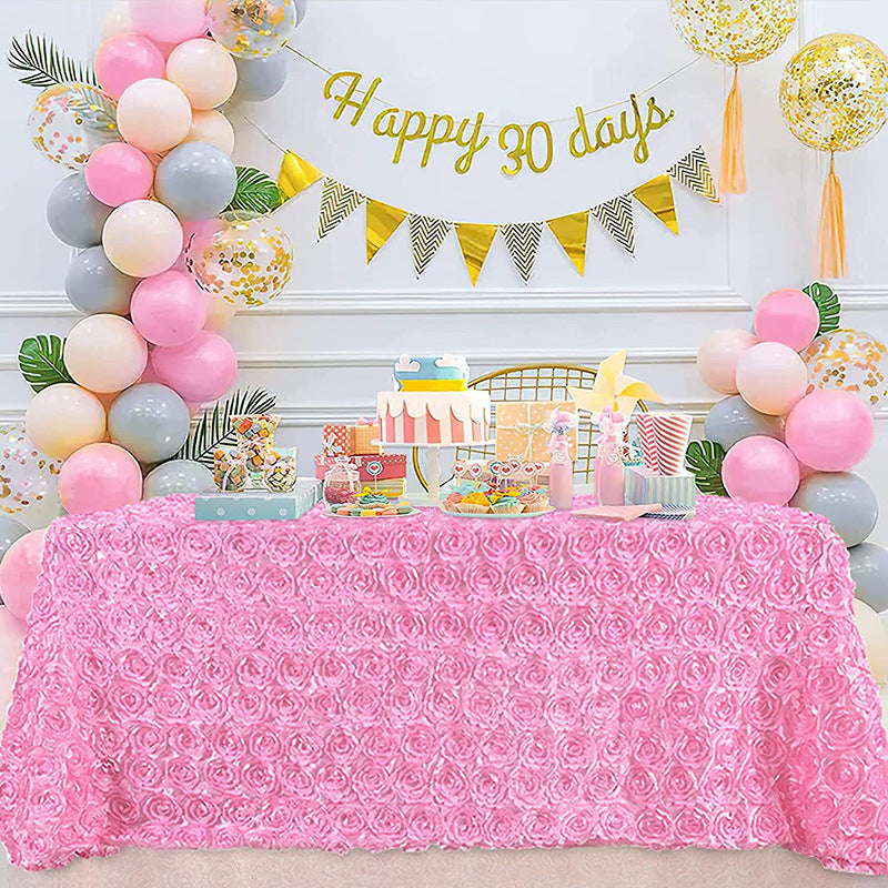 Satin Rectangle Tablecloth Grandiose 3D Rosette Table Cover 132"x90"