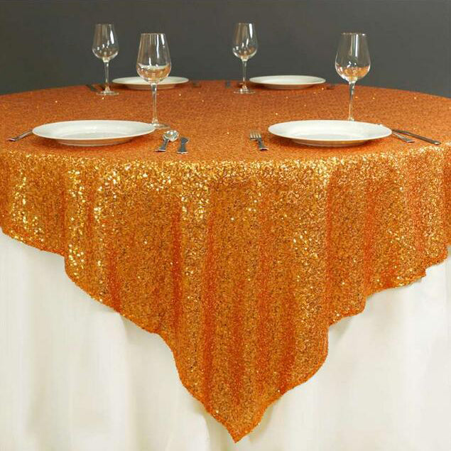 Sequin Square Table Overlay 72"x72" Orange