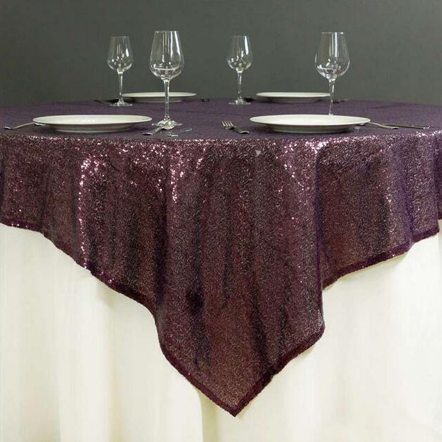 Sequin Square Table Overlay 72"x72" Eggplant Purple