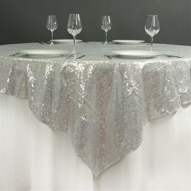 Sequin Square Table Overlay 90"x90" Silver