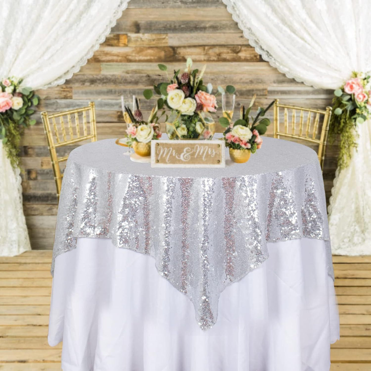 Sequin Square Table Overlay 90"x90" Silver