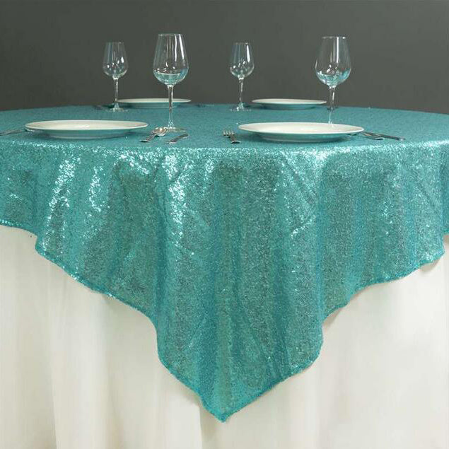 Sequin Square Table Overlay 72"x72" Turquoise