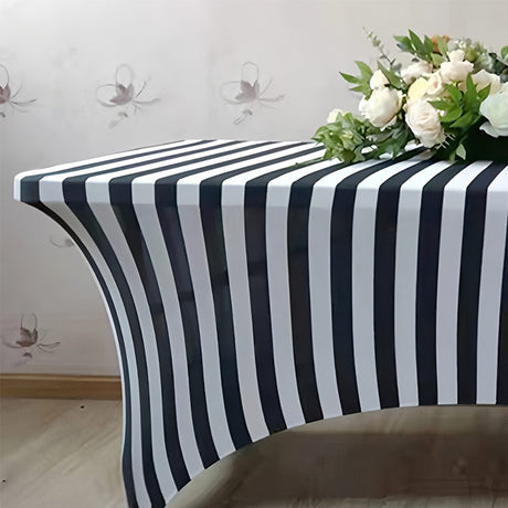 Stretch Spandex Rectangle Tablecloth Black/White Vertical Stripes 96"x30"